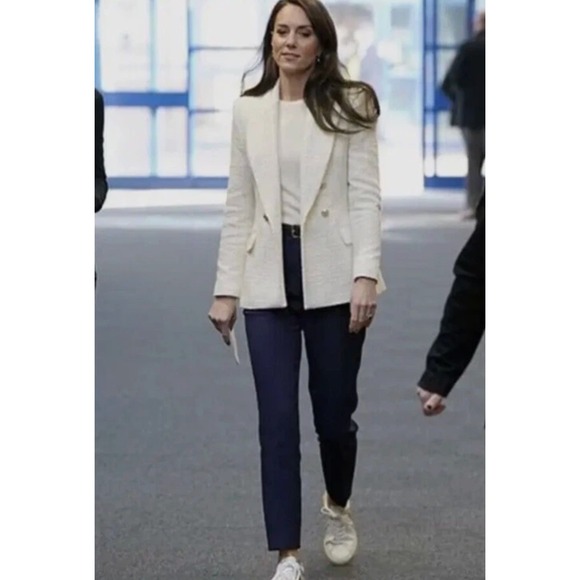 ZARA Double Breasted Tweed Blazer Gold Button ASO Kate Royal Ecru White S - Picture 2 of 12